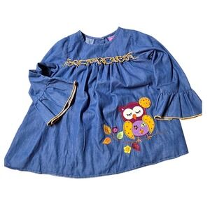 Kids Good Lad 4T Blue Chambray Owl Applique Ruffle Bell Sleeve Tunic Top